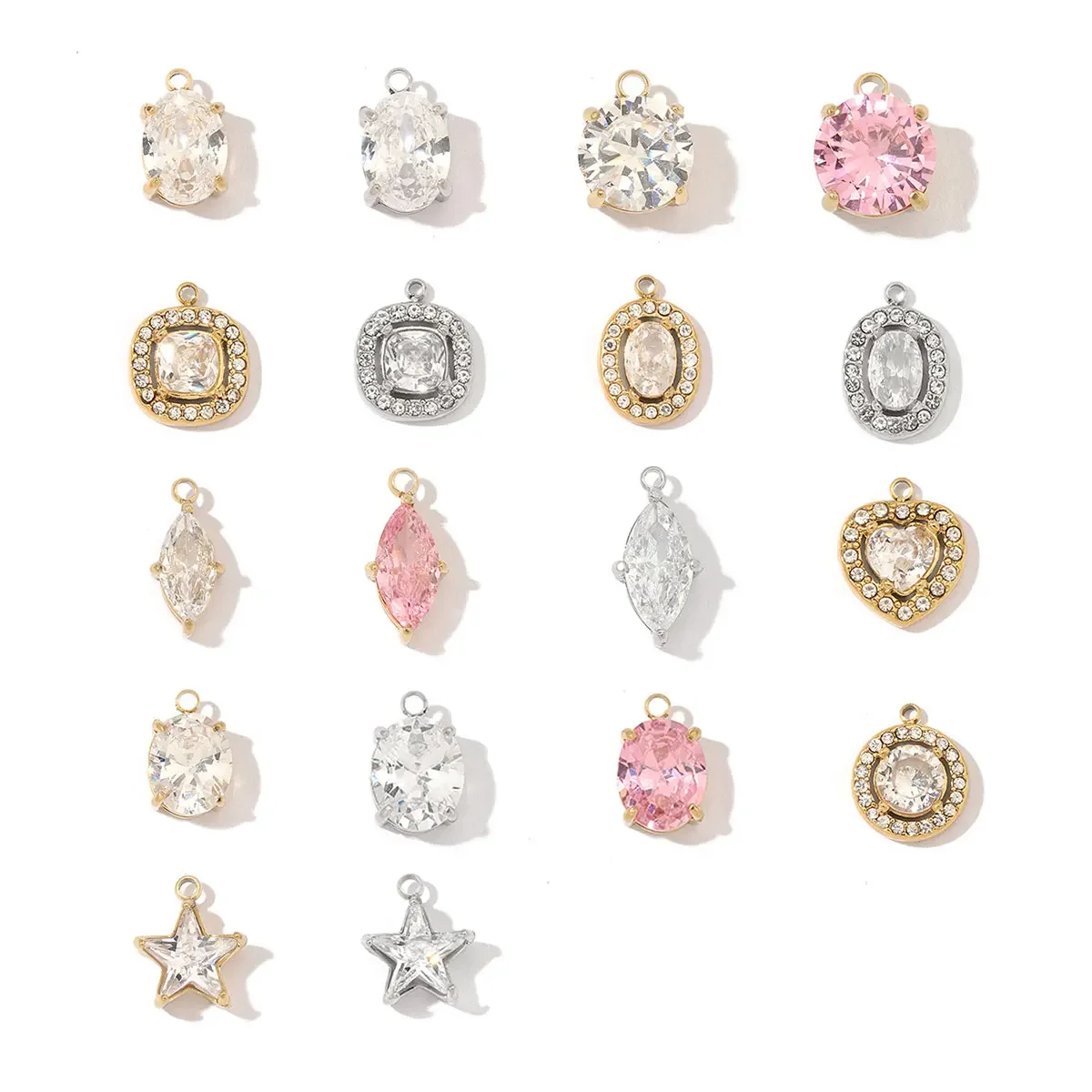 

3pcs/Lot Fashion Stainless Steel Zircon Crystal Charms Oval Star Heart Round Square HorseeyeStone Necklace DIY Small Pendant