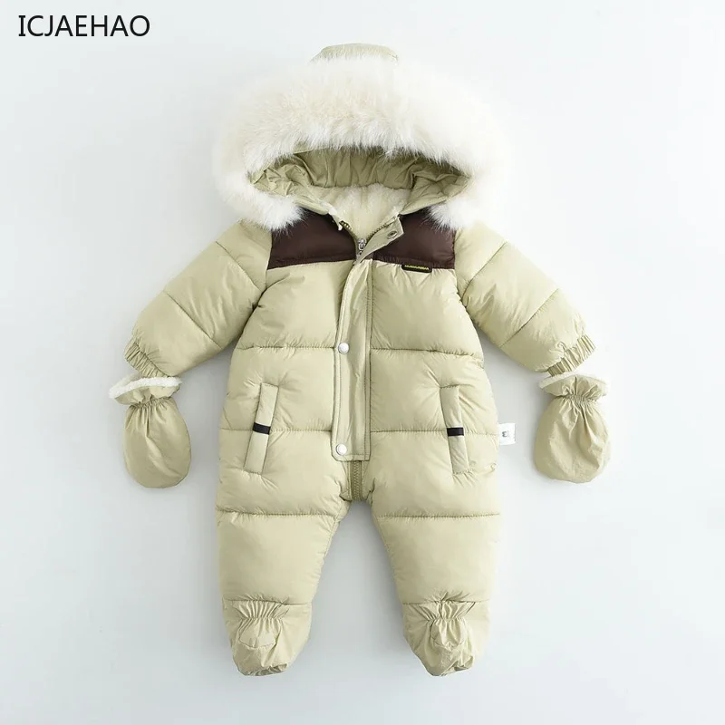 Baby Girl Boy Clothing Winter Rompers Hooded Thick Warm Windproof Outdoor with Pocket Glove Newborn Romper Coat