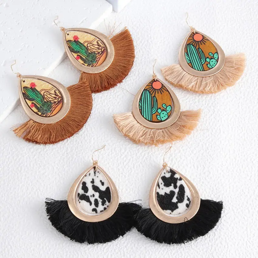 Desert Cactus Sunset Glow Wood Leather Teardrop E Fan Fringe Statement Orecchini Per Le Donne Western Cowgirl Gifts All'Ingrosso