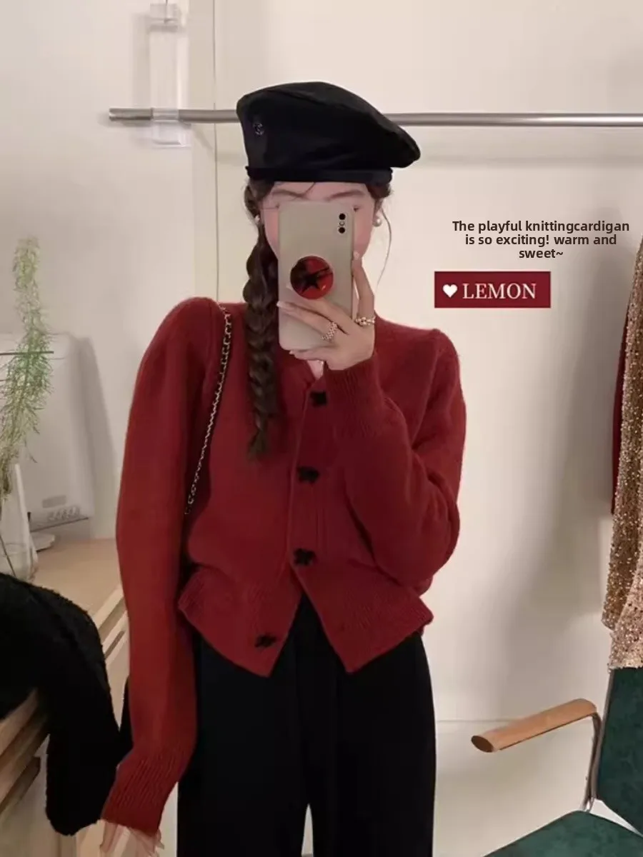 ort V-ne Knitted Open Cardigan Women's Faion Spring Autumn Winter  Knot Sweater Jaet Top Small Size