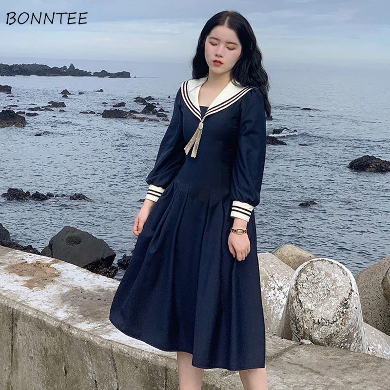 Midi Dresses Women Harajuyu Sailor Collar Students Tender Dating Femme Spring A-line Sweet Cozy Chic Clothes Long Sleeve Fashion maternity dresses