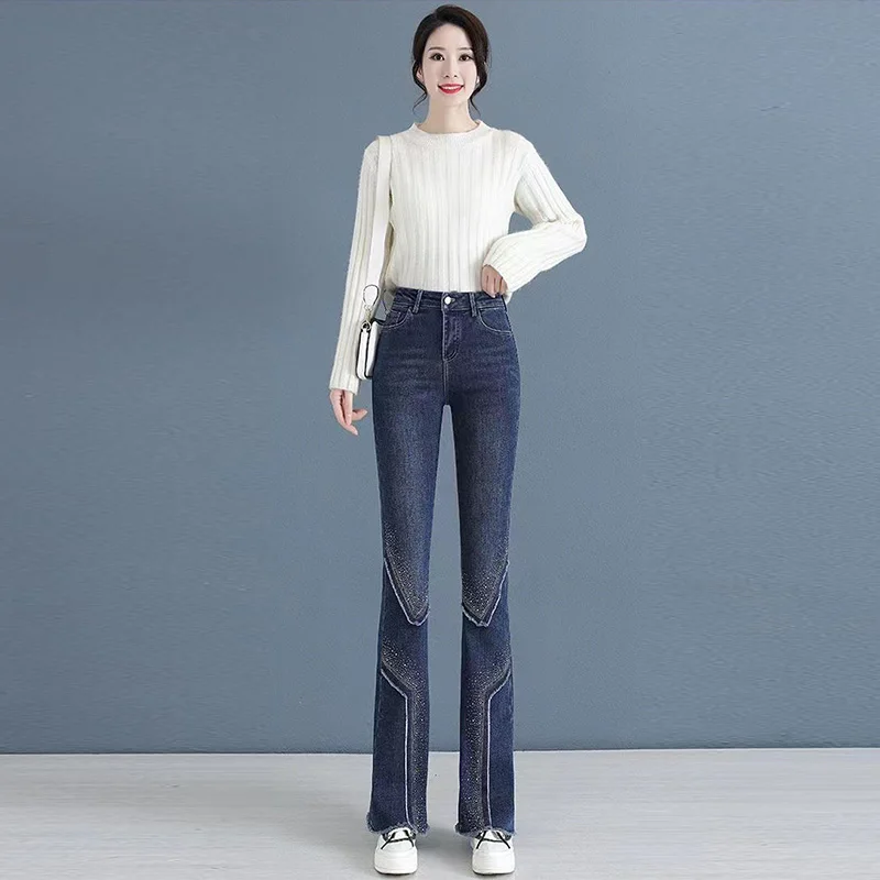 Women's High Waist Elastic Micro Flared Jeans, Slim Monochromatic Pants, Show Fashion, Temperament, Female, Spring, Autumn, 2023