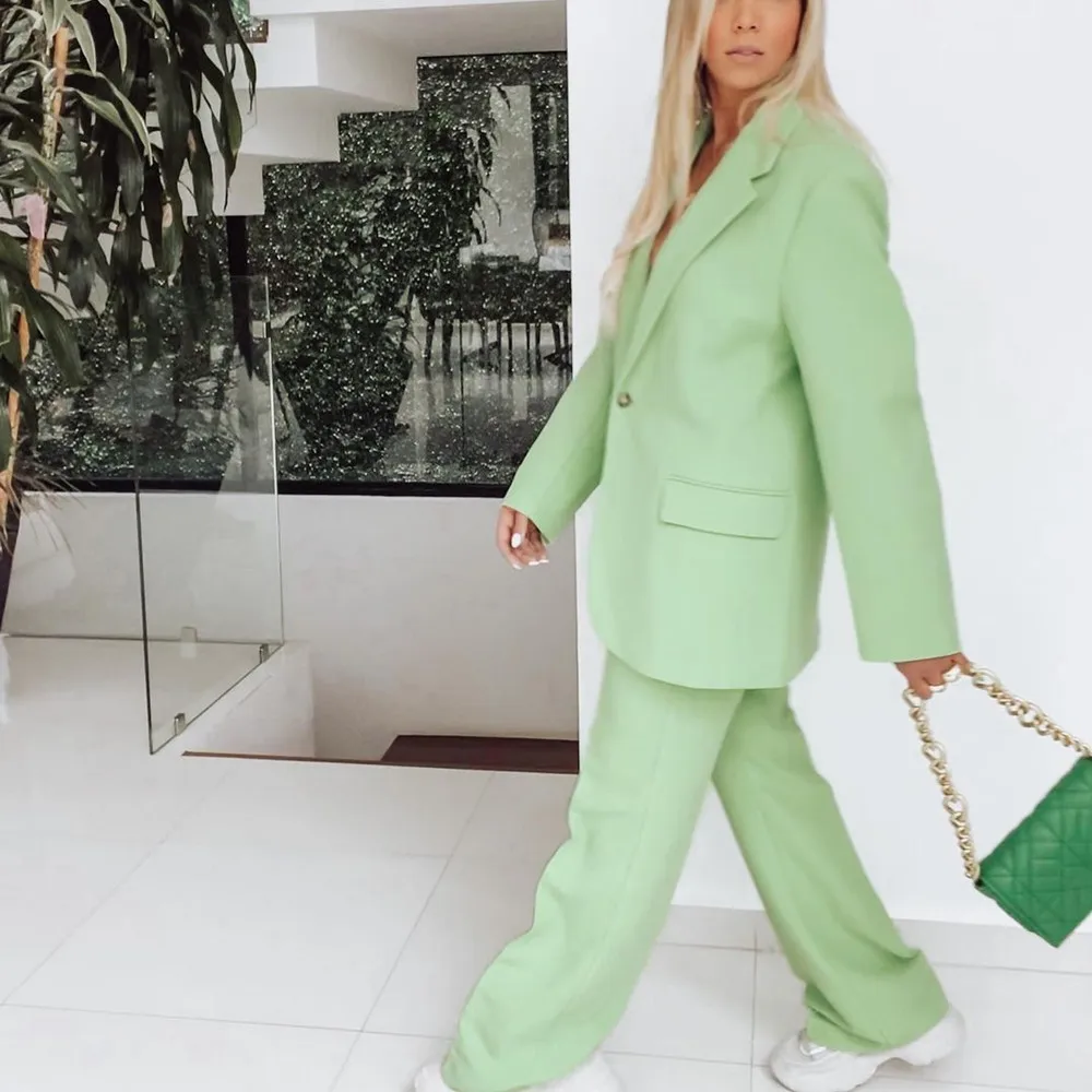 Green High Street 2 PC Women's Suit Office Set Casual Blazer Jacket and Wide Leg Pants Free Style For Daily Life Dressing