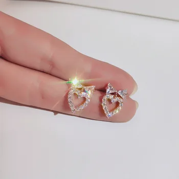 간단한 여성 귀걸이 925 우표 Plata 활 심장 지르콘 크리스탈 귀걸이 여성 매력적인 여성 결혼 보석 선물 Pendientes