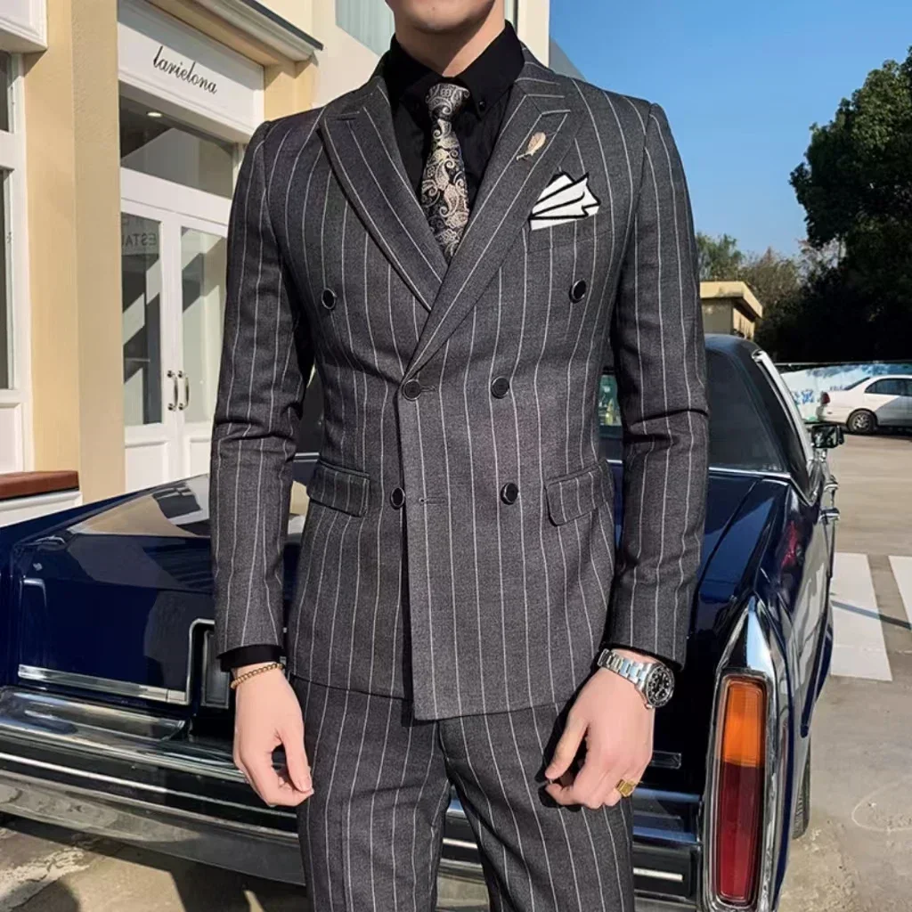 Formal Men's Striped Suit Two-Piece Blazer Vest Pants Set Slim Fit Classic Tuxedo Set for Wedding Party Business