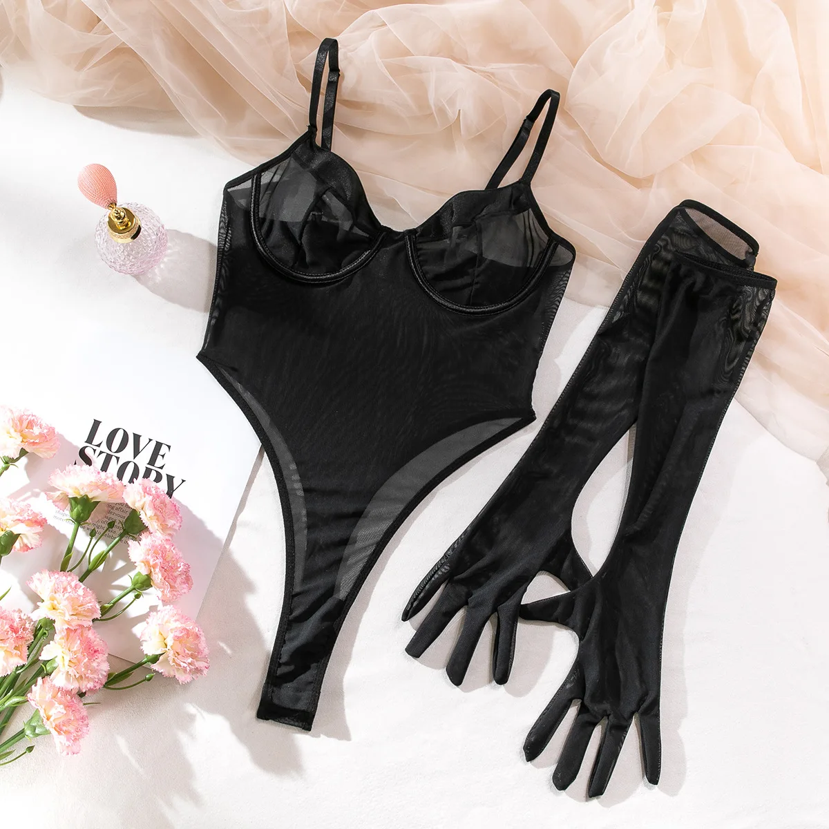 Sexy See-Through Teddy Lingerie One-Piece Bodysuit for Women Stretchy Slim Erotic Underwear with Gloves Basic Seductive Outfit