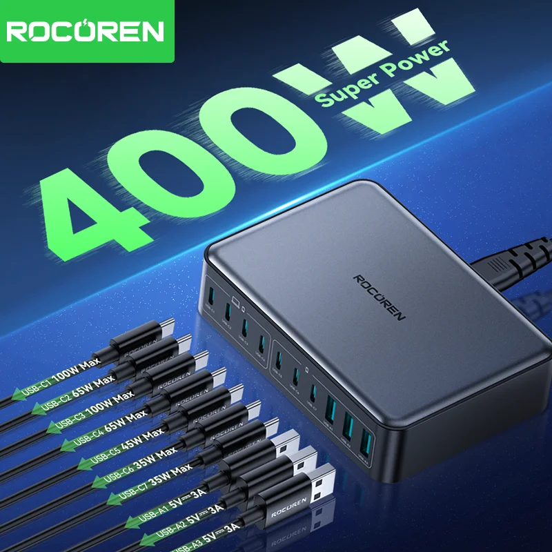 Rocoren 400 واط USB نوع C Gan شاحن محمول 10 في 1 س...