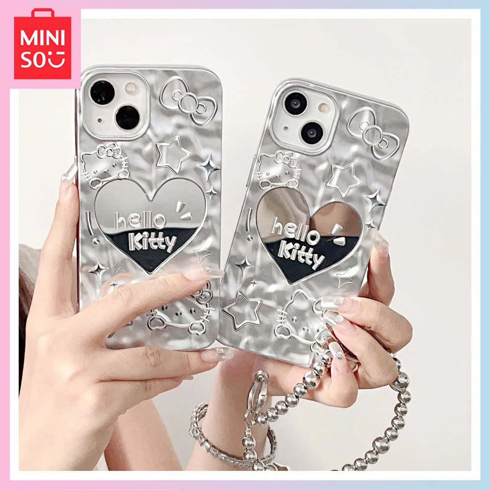 

Miniso Silver Heart Shaped Hello Kitty iPhone15Promax Phone Case Cartoon Fashion 14/13/12 Pleats 11 Girl Birthday Christmas Gift