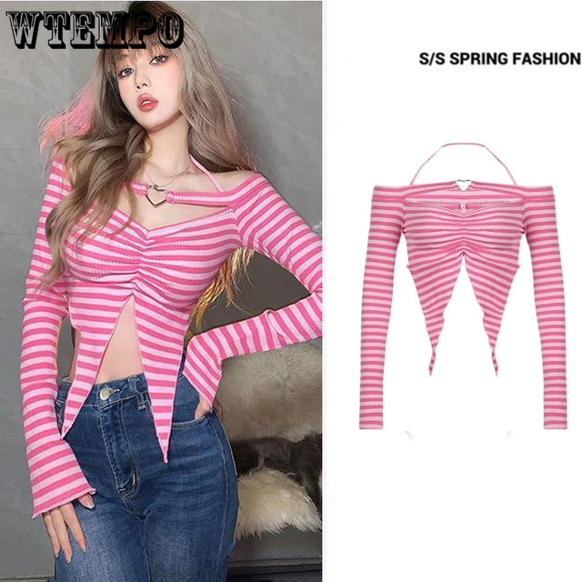 Pink Stripe Crop Top Halter Neck Hotsweet Heart Shaped Metal Buckle Women  Short T-shirt Slim Hottie Korean Fashion E-girl Summer - AliExpress