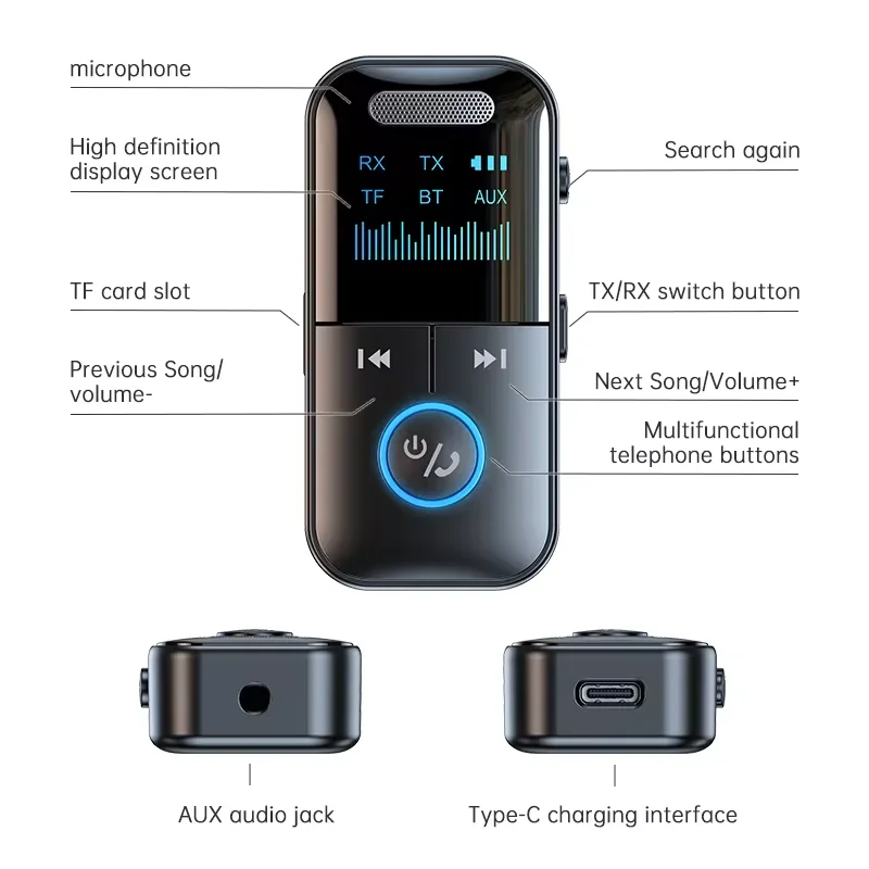 KEBIDUMEI 블루투스 5.4 오디오 수신기 송신기 TF 3.5mm 잭 LED 디스플레이(자동차/홈 스테레오/유선 헤드폰/스피커/TV용),Bluetooth 5.4 Audio Receiver Transmit