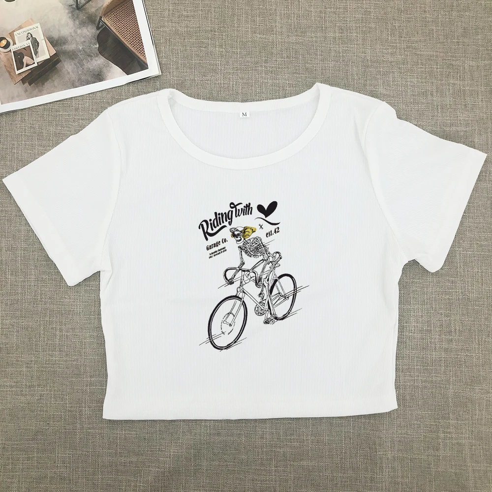 Women's T-shirt hot sell motorcycle and monogram print custom T-shirt baby tee