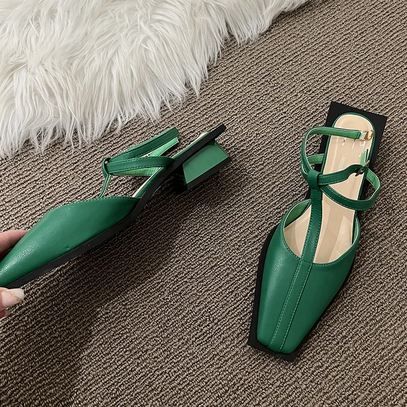 Rimocy Square Toe Med Heels Mary Jane Shoes for Women Brand Design Ankle Strap Slingback Pumps Woman Soft Sole Green Party Shoes