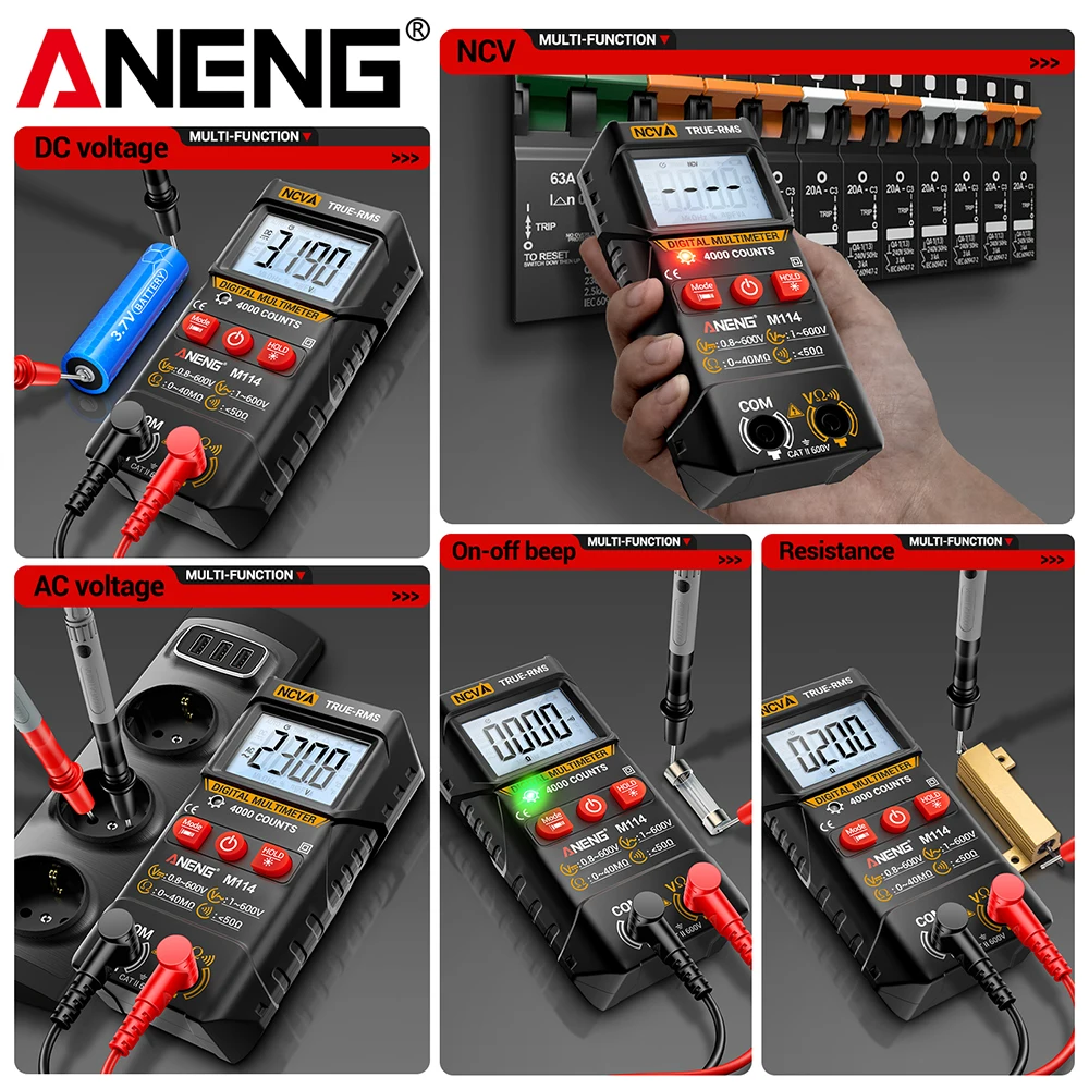 ANENG M114 4000 Counts Automatic Mini Digital Multimeter DC/AC Voltage Backlit Bright Screen NCV Resistance Data retention Tester Tools