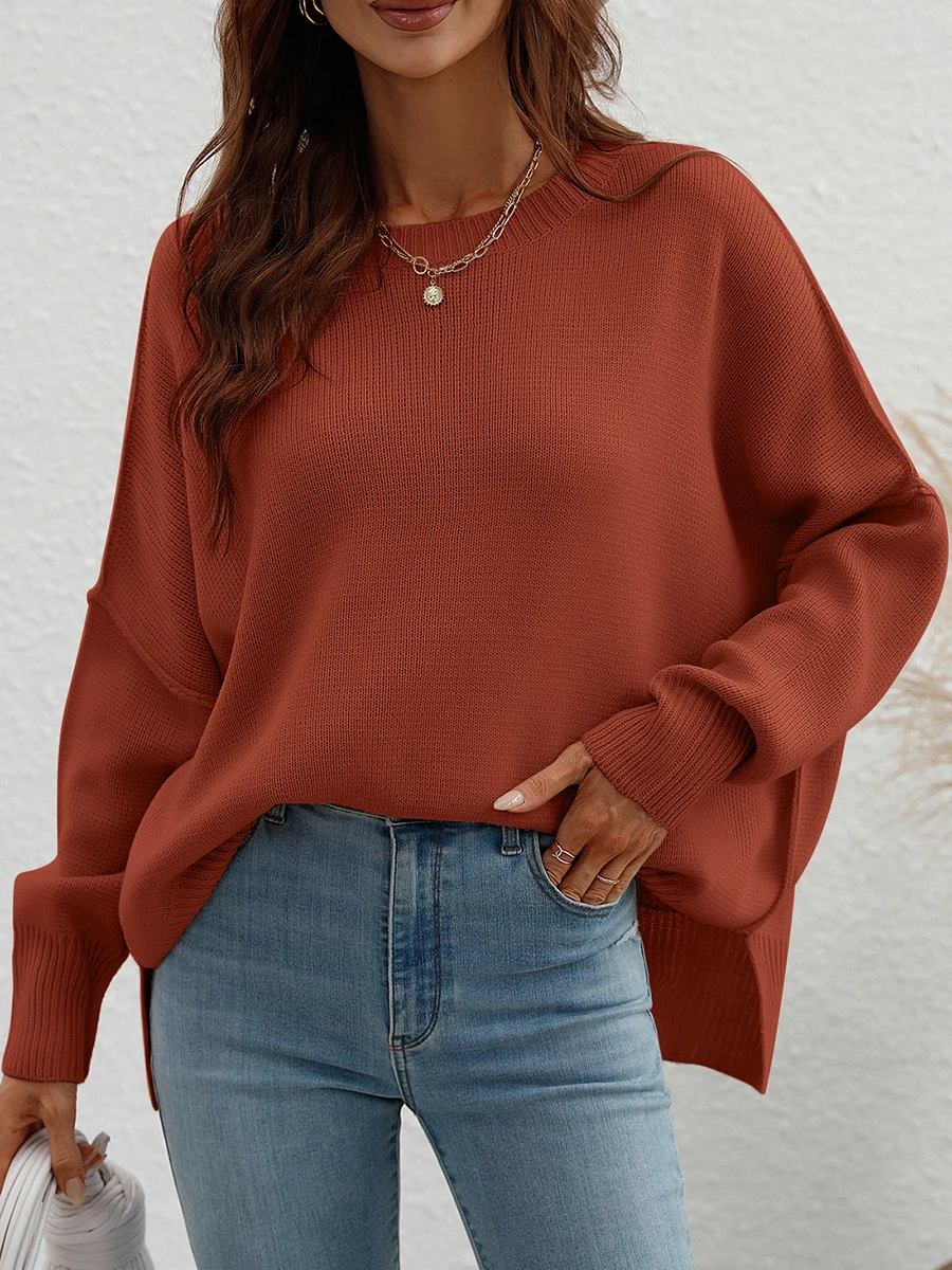 

Fashion Long Sleeve Round Neck Knitting Sweaters Loose Pullovers Sweater Elegant Women Solid Color Slit Hem Jumpers Knitwear