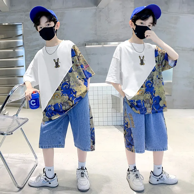 Teenage Boy Summer Clothes Children s Bear Print Tshirts and Jeans Set Cartoon Short Sleeve Top Denim Shorts Kids Loungewear