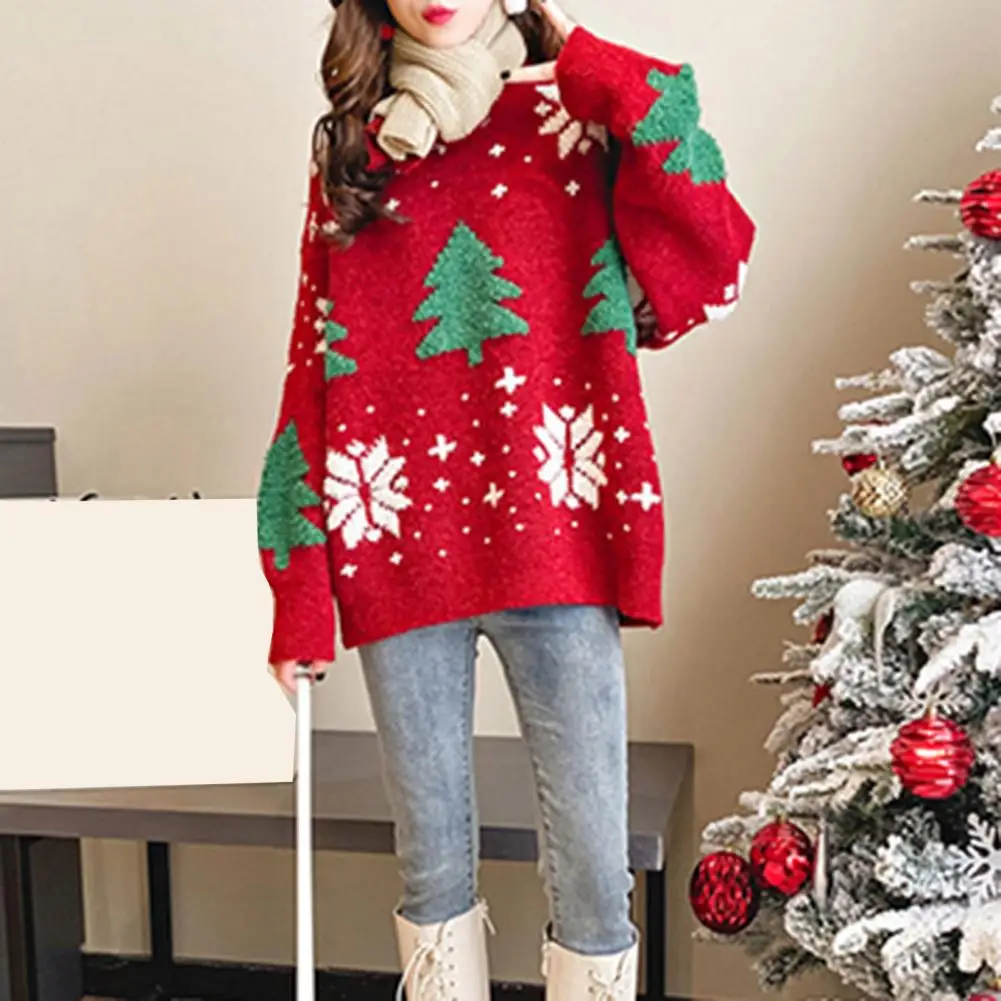 

Christmas Sweater Cozy Christmas Tree Print Sweater for Women Knit Warm Stylish Holiday Pullover Knitted Sweater