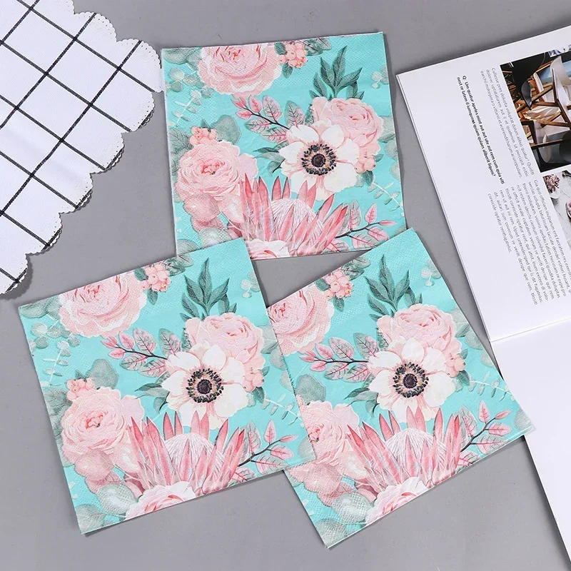 20pcs/pac 2-Ply New Blue Imperial Flower Printed Paper Napkins Colorful Wedding Party Hotel Paper Pure Wood Pulp Placemats
