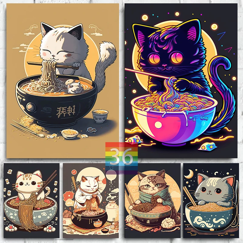 Cat Ramen Cute Cartoon Wall Art Prints Canvas Poster Cat Noodles Kitchen Dining Room Wall Decor Cute Cat Fantasy Decoration Gift