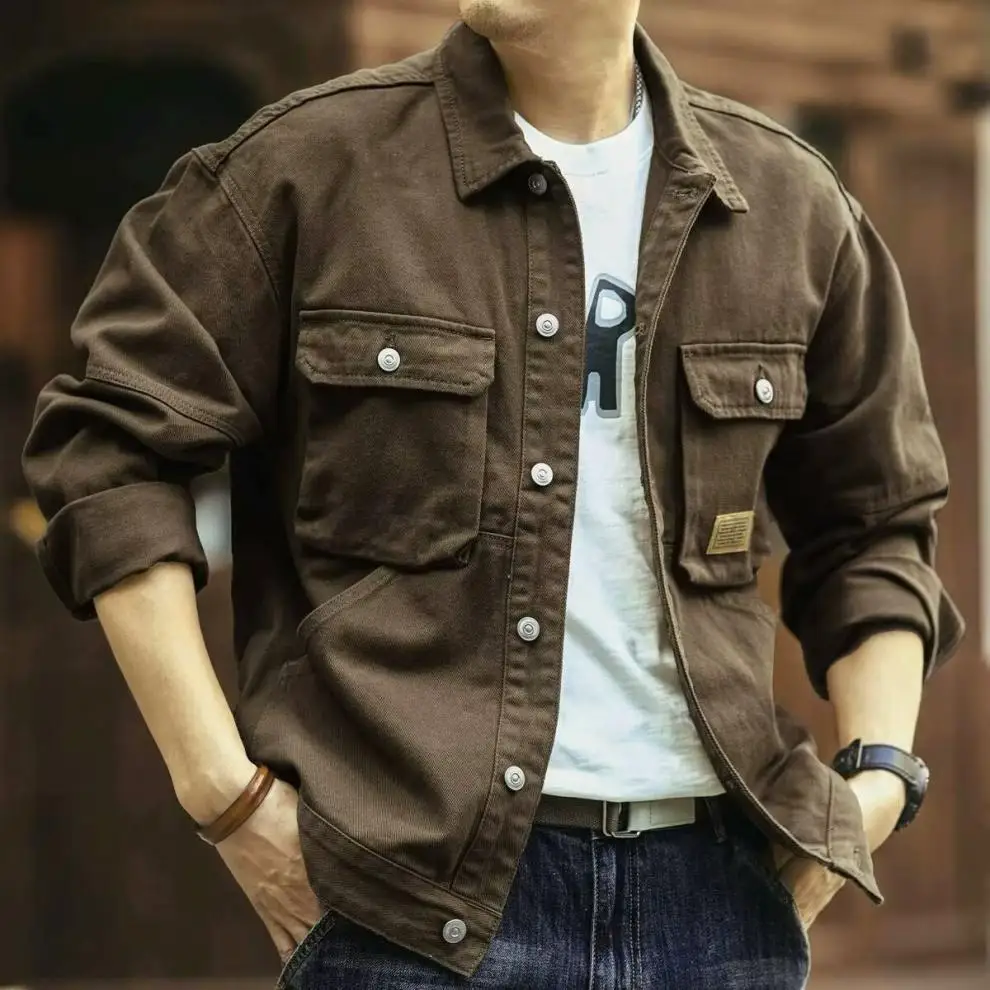 Denim Cargo Jacket - Plus Size Men's Oversize Casual Coat With Turn-Down Collar