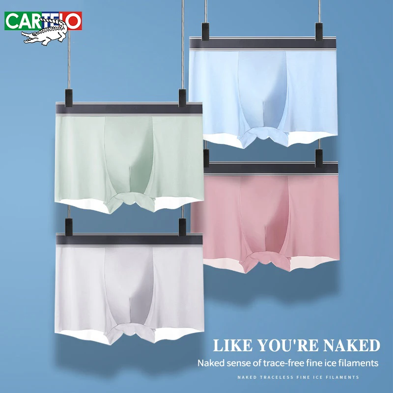 Cartelo Ice Silk Men Underwear 3A Antibacterial Boxer Solid Color Traceless Underpans Soft Breathable High Elastic 4pcs Male