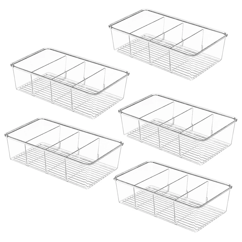 

HOT SALE 5 Pack Food Storage Organizer Bins, Plastic Removable Snack Organizer Pantry Organization Storage Racks With 3 Dividers