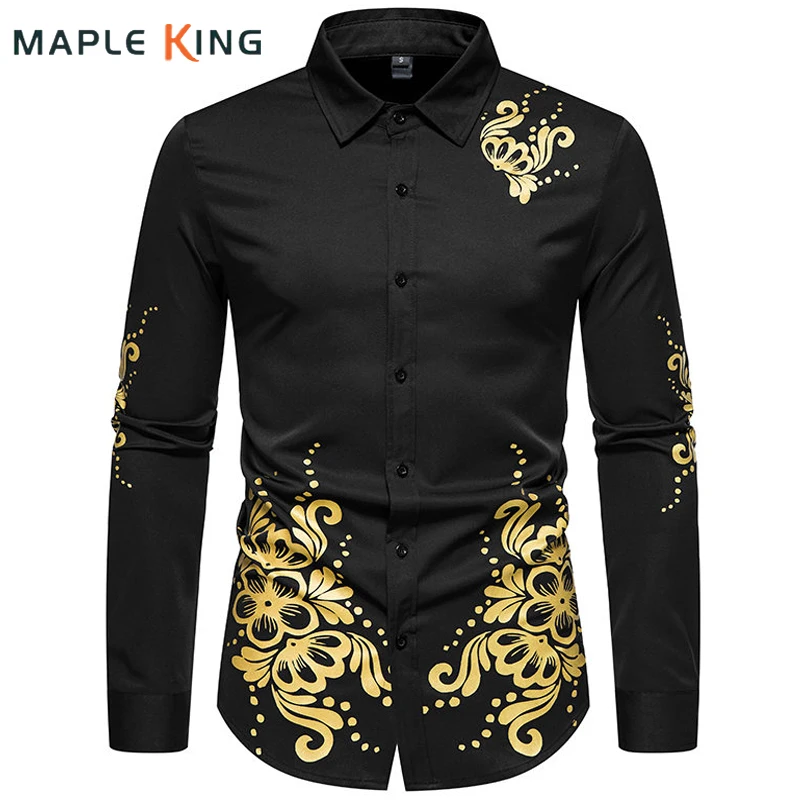 

Luxury Designer Gold Bronzing Floral Print Shirts Men Clothing Vinatge Gentleman Long Sleeve Elegant Party Button Up Dress Shirt