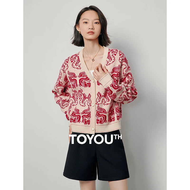 

Toyouth Women Knit Cardigan 2024 Spring Long Sleeve V Neck Loose Sweater Dragon Year Customized Jacquard Fashion Red Outwear