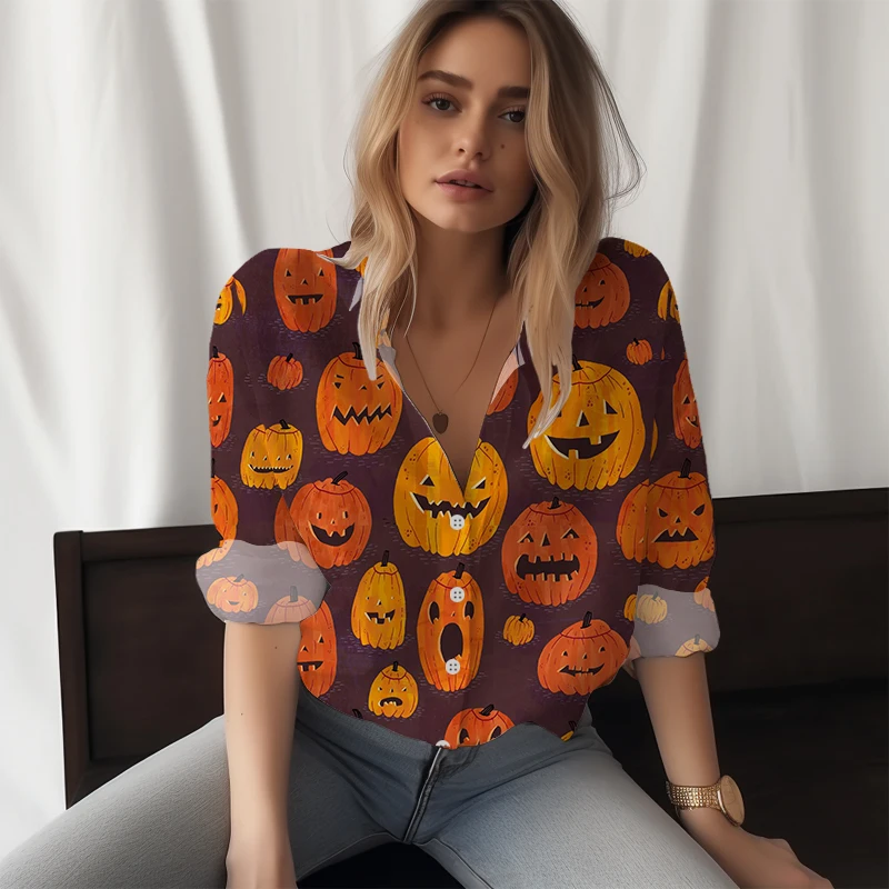 

2023 New Women's Shirt Pumpkin 3D Printed Women's Shirt Halloween Style Women's Shirt Fashion Trend Women's Long-sleeved Shirt