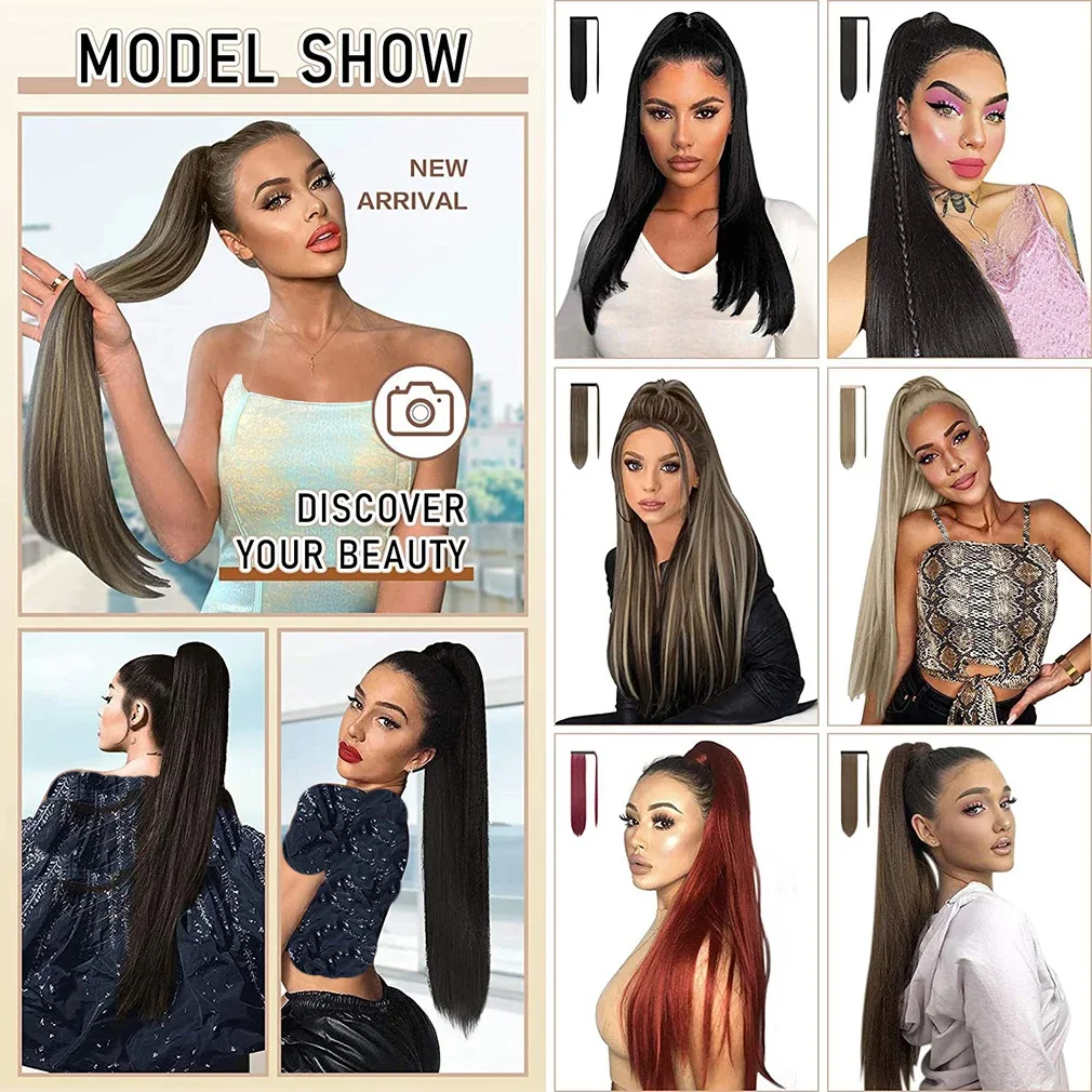 Clip In Ponytail Hair Extension 24 Inch Long Straight Synthetic Heat Resistant Hair Wrap Around Pony Piece For Women