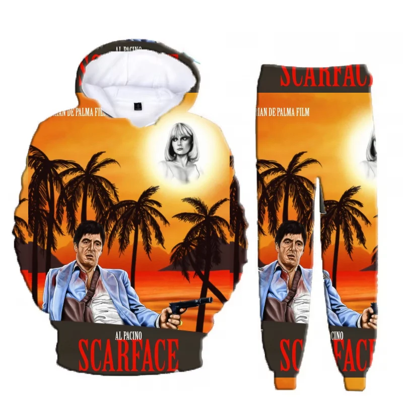 Hot Sales Classic Movie Scarface Tony Montana 3D Print Hoodie Suit Men Sweatshirts Sweatpants Casual Two Piece Tracksuit Set 2