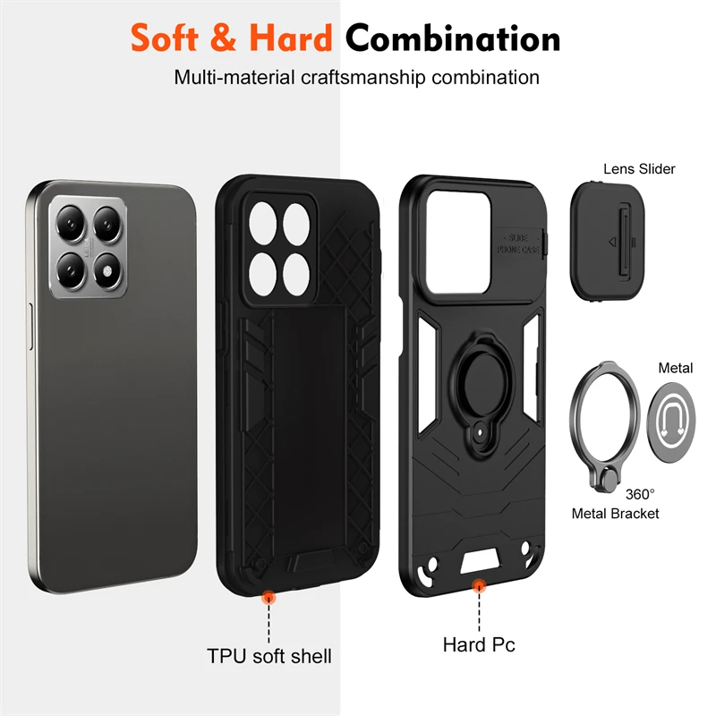 Magnetic Ring Shockproof Armor Case with Slide Lens Protection Cover