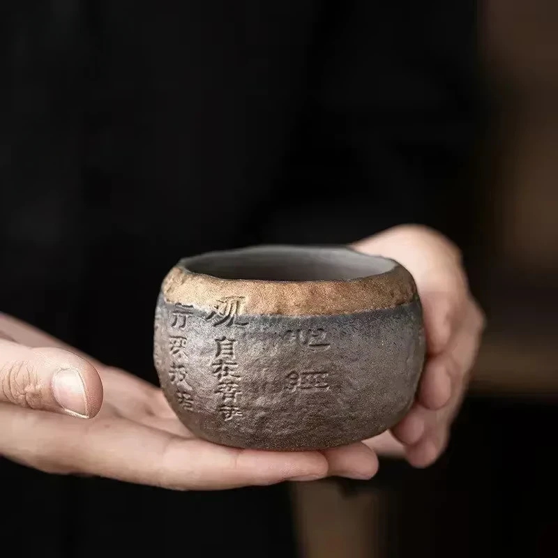 Rough Pottery Handmade Relief Heart Sutra Zen Cup Ceramic Master Individual Single Cup Chinese Portable Tea 1pcs