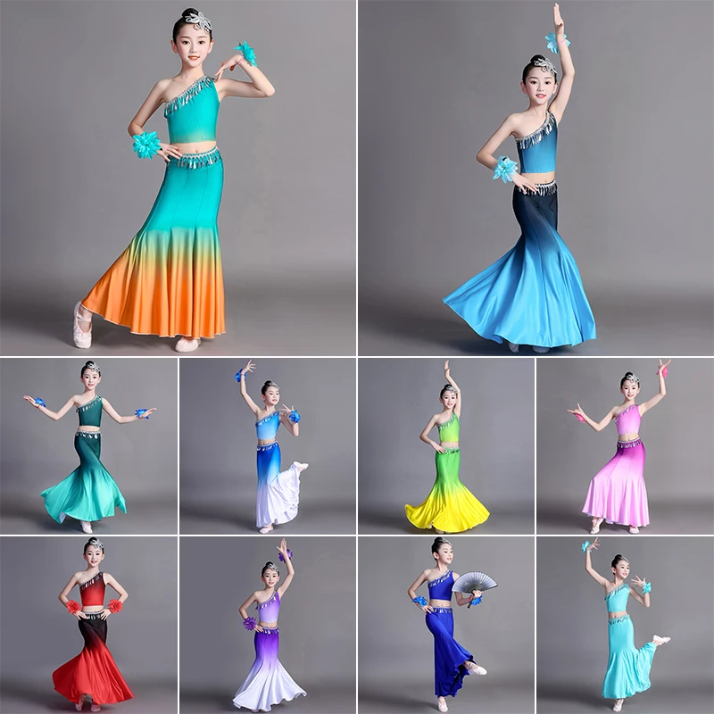1 Set Child Minority Peacock Dance Skirts Traditional National Dai Dance Costumes Girl Classical Fishtail Wrap Hip Dress