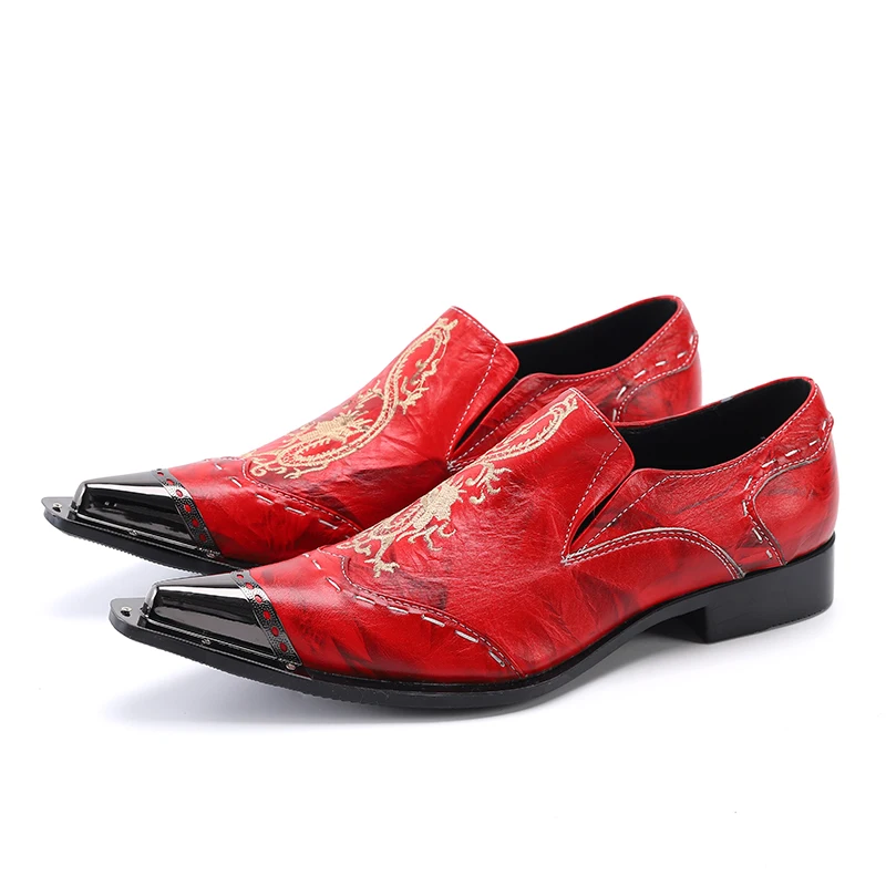 Plus Size Men's Genuine Leather Shoes Wedding Party Pointed Casual Business Shoes Men's Formal Red Embroidered