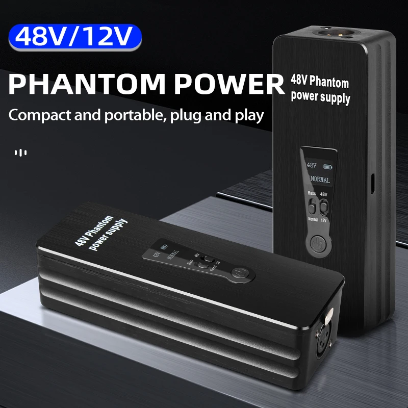 Phantom Power Supply 48V/12V Switch Rechargeable Portable for Condenser/Shotgun Microphones Mic Preamp Record Studio