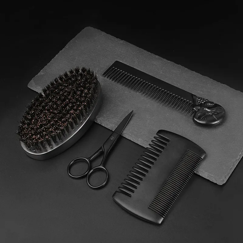 Wood Beard Kit Beard Brush  Scissor Set Double-Sided Styling Comb Repair Modeling Cleaning Care Kit for Men Gift double sided pet grooming brush pet dematting comb undercoat rake shedding brush for pets mats