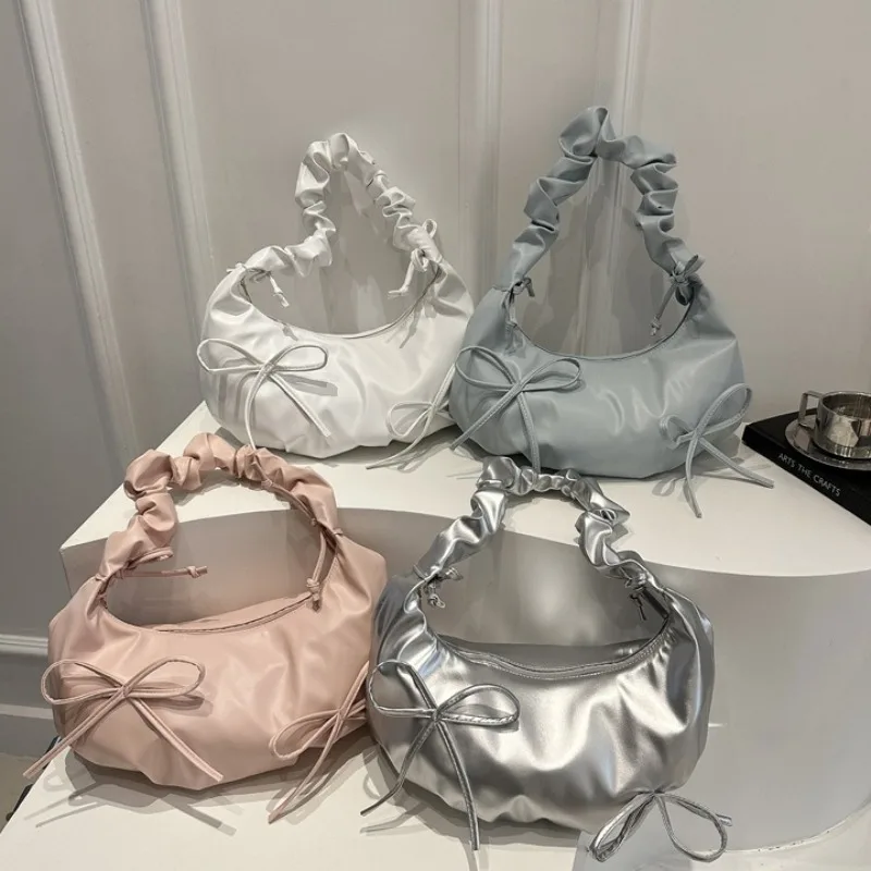 Girls Sweet Pleated Bow Shoulder Hobo Bags Elegant Office Lady Cloud Underarm Bag Women Y2k Aesthetic Handbags