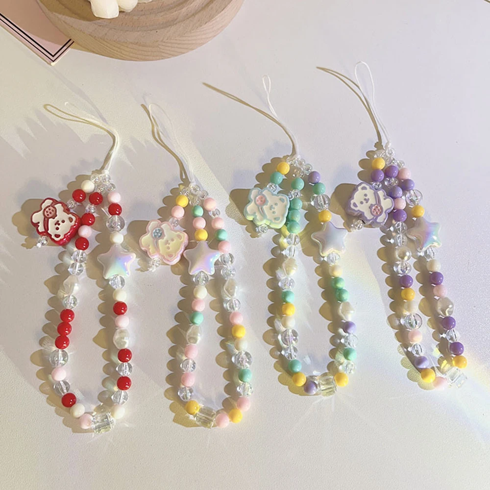 

Korean Cute Charm Multicolor Resin Bear Star Phone Chains For IPhone Women Telephone Jewelry Strap Beaded Lanyard Hanging Cord
