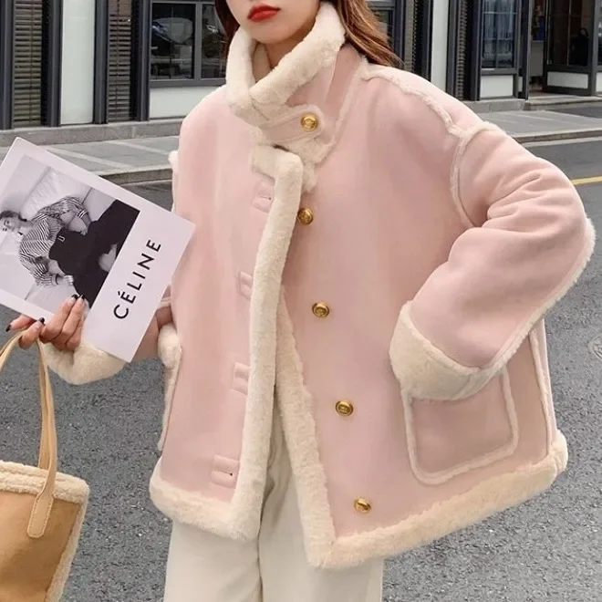 

Winter Fashion Faux Fur Coat Women Korea Fashion Warm Lamb Wool Coat Turn Down Collar Short Outercoat Lady Party Elegant Outfits