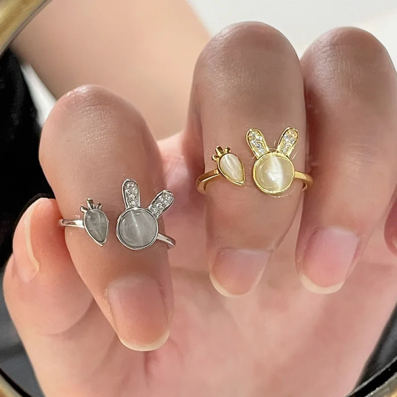 

2023 New Little Rabbit Carrot Rings for Women Korean Retro Elegant Sweet Cute Zodiac Rabbit Year Opal Stone Ring Jewelry Gifts