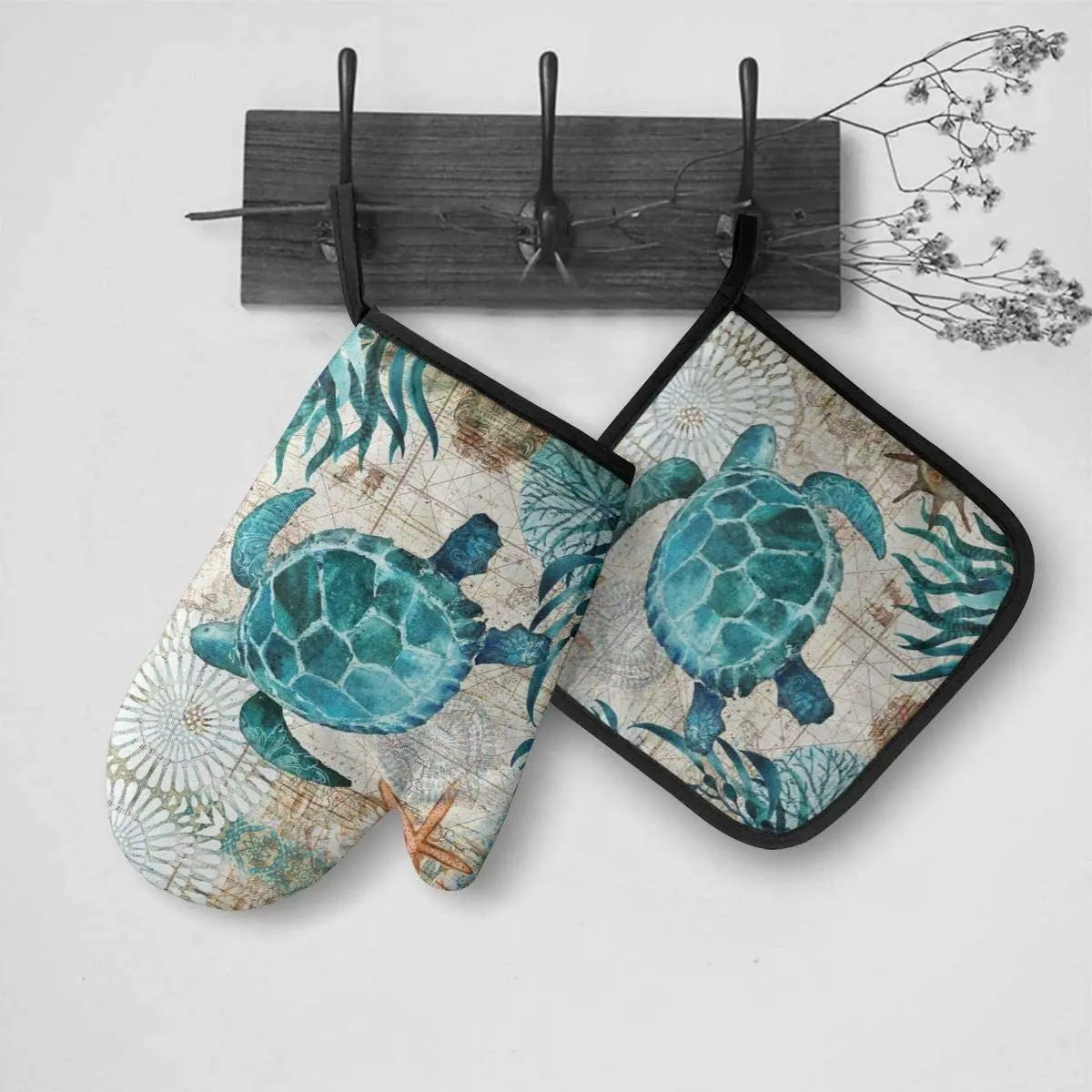 Marine Life Theme Sea Turtle Heat Resistant Hot Oven Mitts & Pot Holders Oven Gloves for BBQ Cooking Baking Grilling