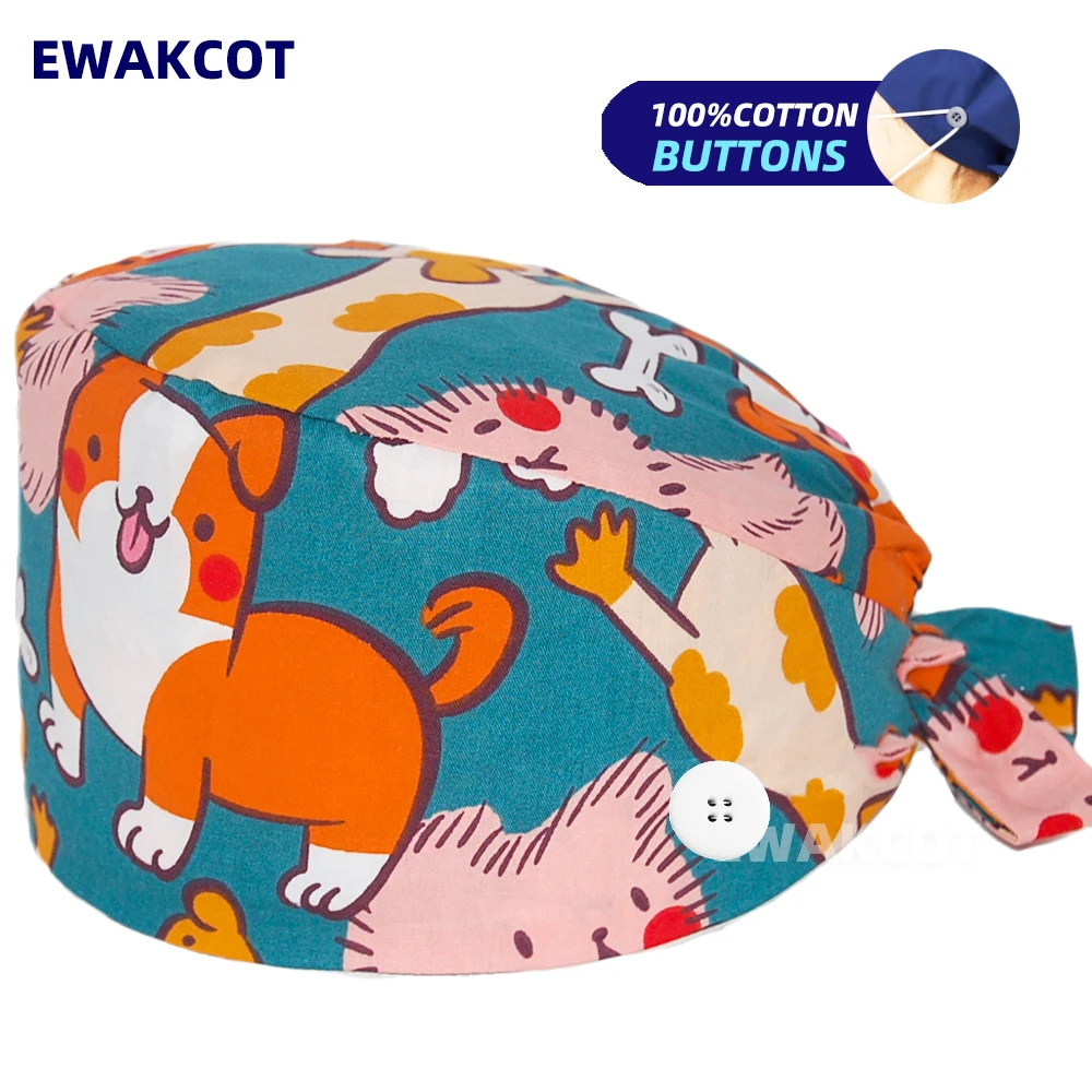 100 Cotton Dogs Print Scrubs Caps Nursing Hats Spa Vet Lab Scrub Hat