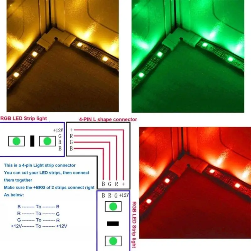 652F 10Pcs 10mm 4 핀 L 모양 LED 스트립 코너 커넥터 90도 10mm 5050 RGB 스트립 조명 90 ° 각도 Conncet
