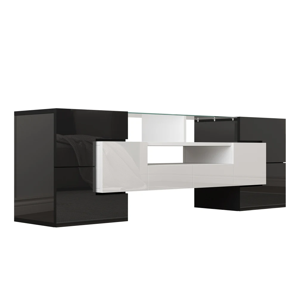 PINGGO Hochglanz Weiß TV-Schrank 145CM mit LED-Beleuchtung Modernes Design Elegantes Glas-Lowboard für Wohnzimmermöbel – Detail 16