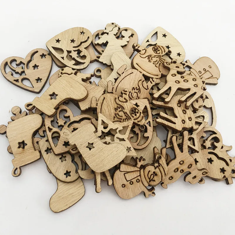 Natural Wood Christmas Ornaments Pendant Hanging Gifts Elk Deer Snowflake Xmas Tree New Year Party Decorations 50pcs