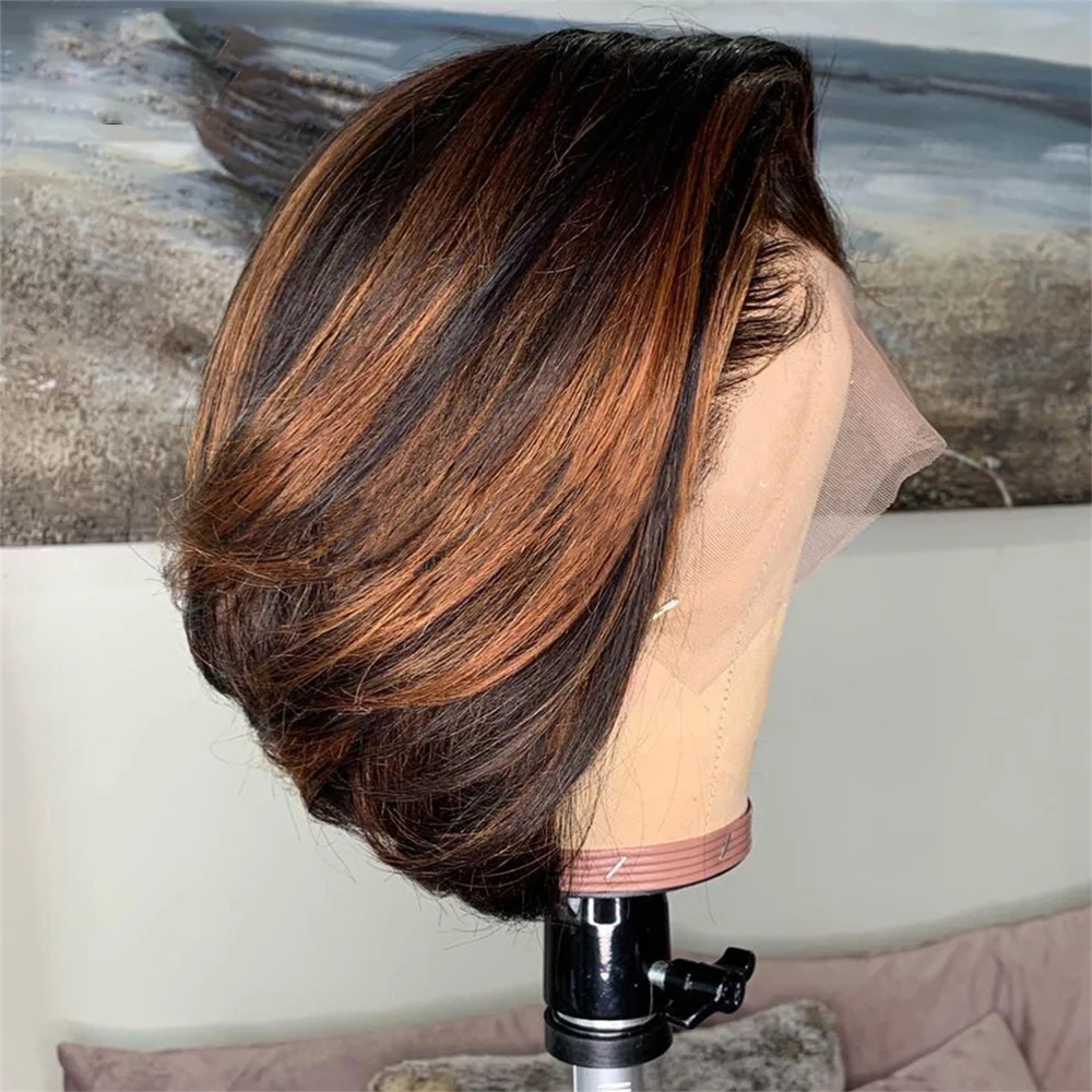 

Highlight Ombre Brown Short Bob Straight Brazilian Remy HumanHair Full Lace Wig 4x4 Silk Base For Women Pre Plucked BabyHair