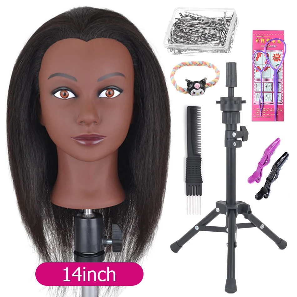 Afro-Schaufensterpuppenköpfe mit 100 % echtem Haar und verstellbarem Stativ, Friseurpuppen-Trainingskopf zum Üben, Styling, Flechten – Detail 4