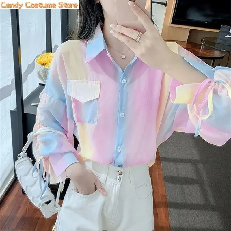 

Long-sleeve Elegant Tops Short Coat Summer Women Sunscreen Clothes Rainbow Shirt Thin Loose Lady Chiffon Blouses Lace-up