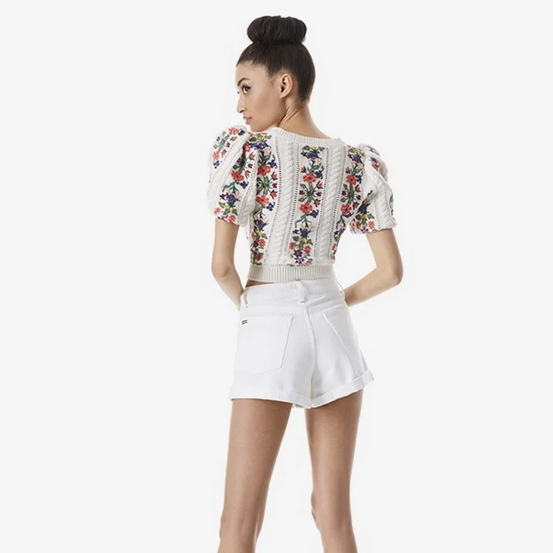 Flower Embroidery Short Sleeve Sweater Women Fashion Hollow Out Design O-Neck Slim Pullover Knitwear Crop Top 2023 Spring Summer