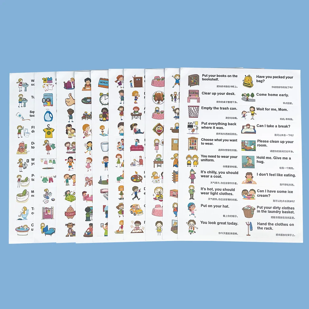 10sheets 200 Stickers Family Daily Routines Sentences for kid learning toy Chinese & English sticker labels montessori éducatifs 4